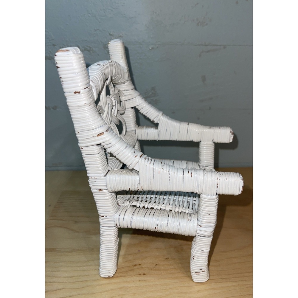 Vintage White Wicker Doll Chair, Stuffed Animal Chair Plant Stand Boho Shabby 7" - Picture 3 of 8